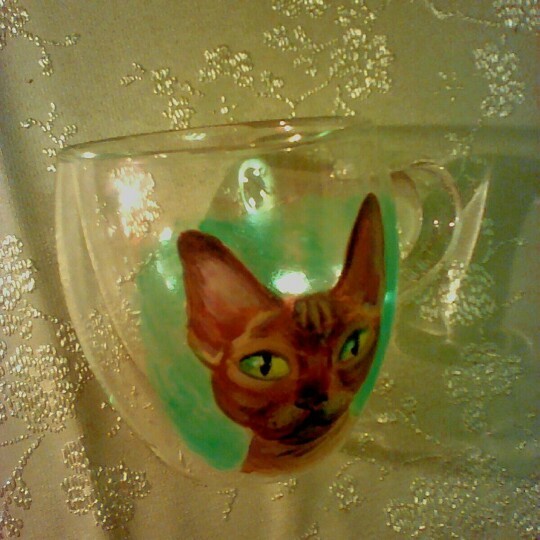 The Sphinx cat decorated the cup. - My, cat, Sphinx, A cup, Painting