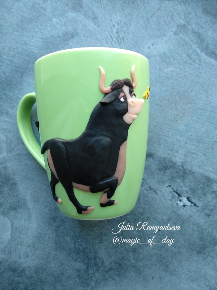 Mug Ferdinand - My, Bull, Ferdinand, Needlework without process, Polymer clay, Mug with decor, Handmade, Longpost