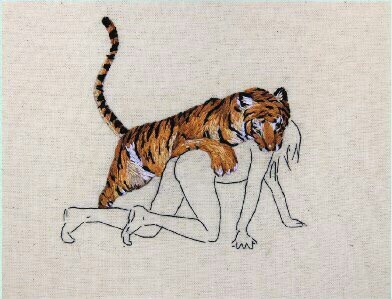 girl and tiger - Art, Girls, Embroidery, Tiger, Kus