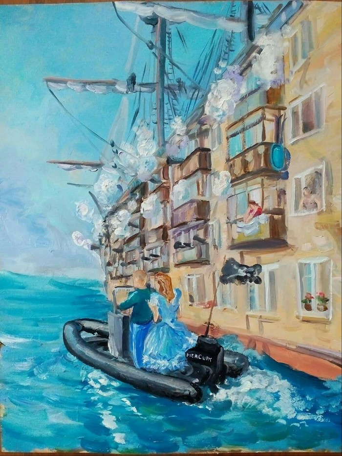 Volley left side - My, Volley, Oil painting, Klimov, Khrushchev, Pirates, Sea, Surrealism, Painting