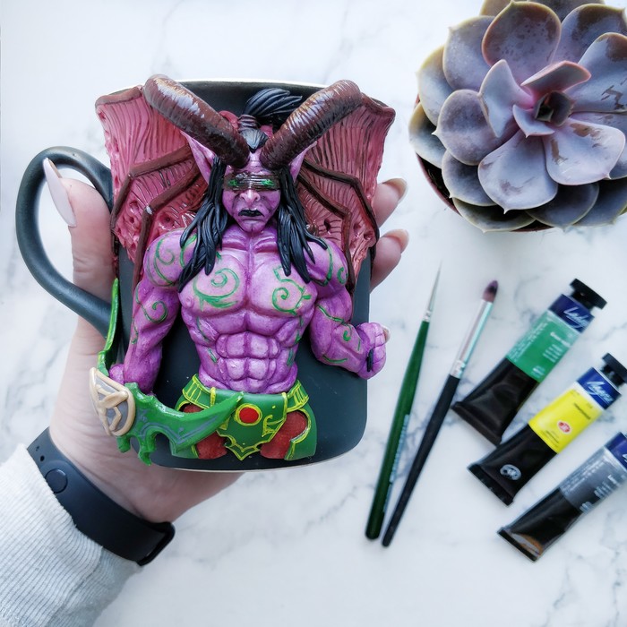 Illidan on a mug) - My, Polymer clay, Handmade, Mug with decor, Warcraft, , Illidan, Video, Longpost