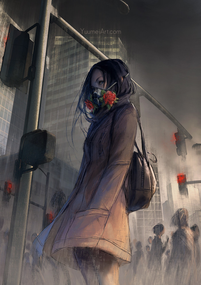 Breath - Art, Drawing, Girls, Pollution, Yuumei, 