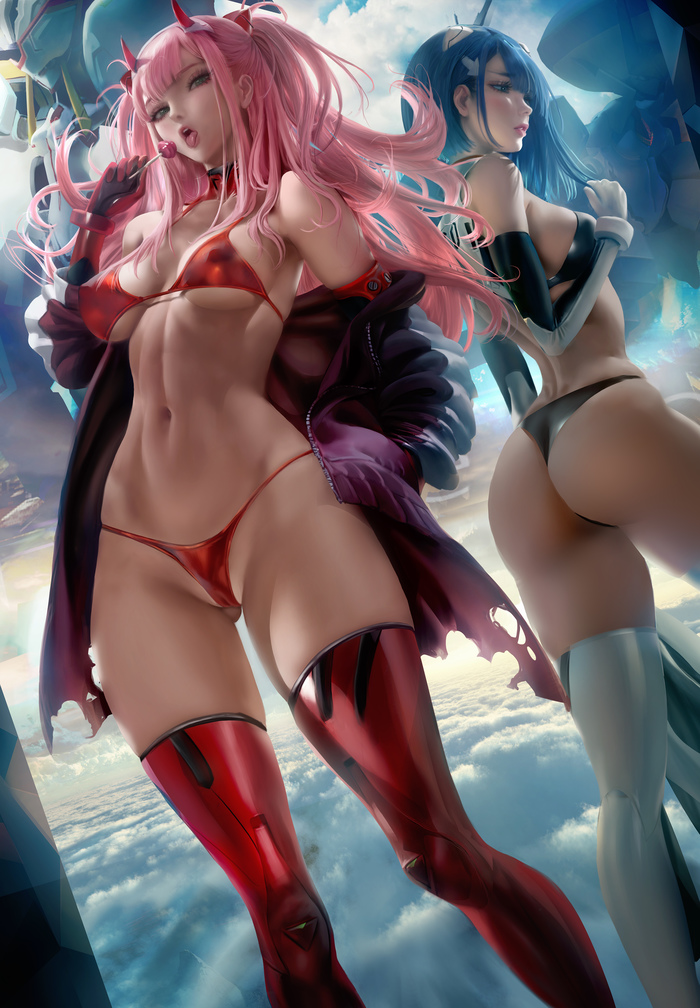 002 X Evangelion NSFW - NSFW, Art, Anime, Sakimichan, Darling in the Franxx, Zero two, Ichigo, Evangelion, Ichigo (Darling in the Franxx)