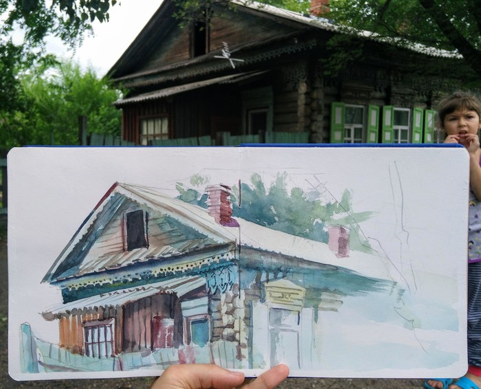 Summer sketches in watercolor before the rain. - My, Sketch, Watercolor, House, Drawing, Graphics, Creation, Art, Sketch