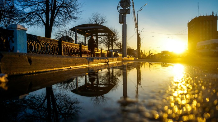 Закат в городе Р. - Моё, Фотография, Закат, Sony, Рязань, Лужа, Отражение