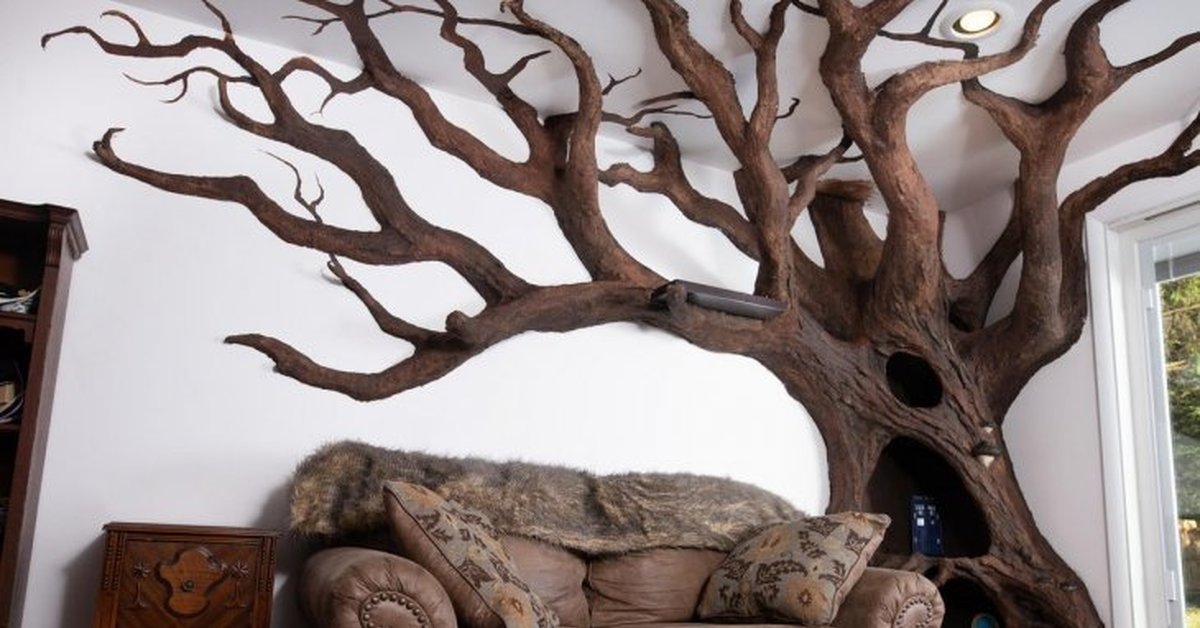 Оригинальный декор стен. Декор стены деревом. Дерево в квартире своими руками. Ствол дерева в интерьере. Дерево в квартире своими руками.