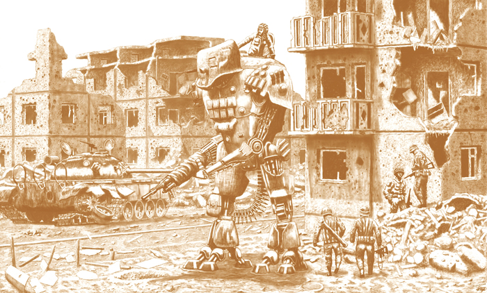metal under the sun - My, Drawing, Digital drawing, Robot, The soldiers, Town, Tanks, Ruin, Fantasy