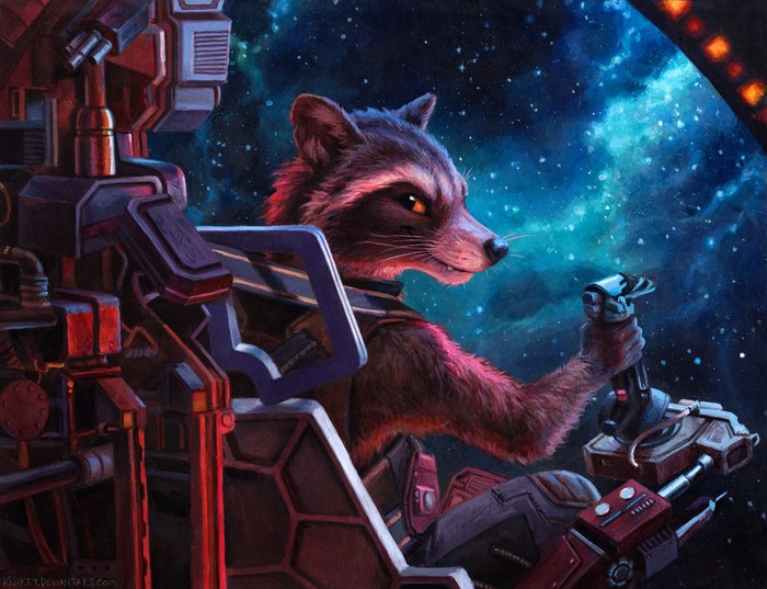 Space Trash - Furry, Raccoon Rocket, Kenket, Space, Guardians of the Galaxy, Traditional art, Marvel