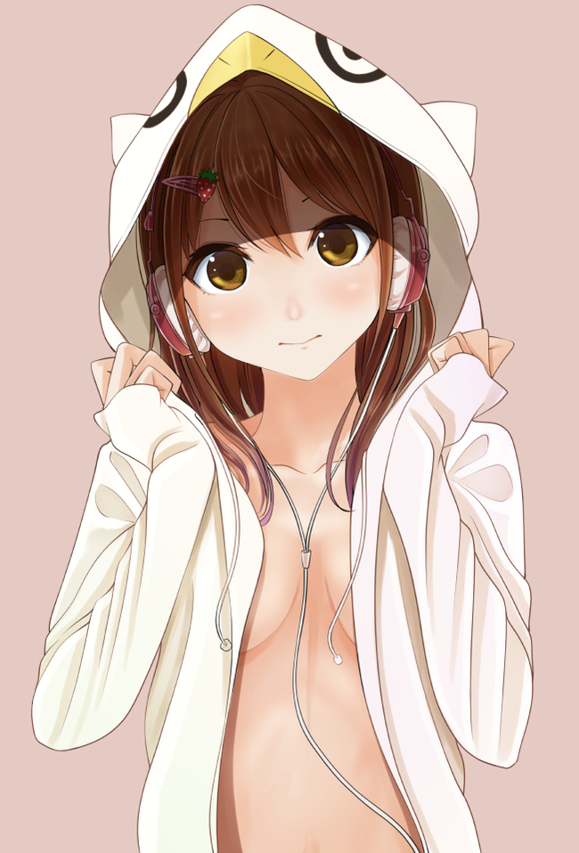 Naked with hoodie - NSFW, Anime, Anime art, Anime original, Animal ears, , Breast, Nipples, Pantsu, Longpost