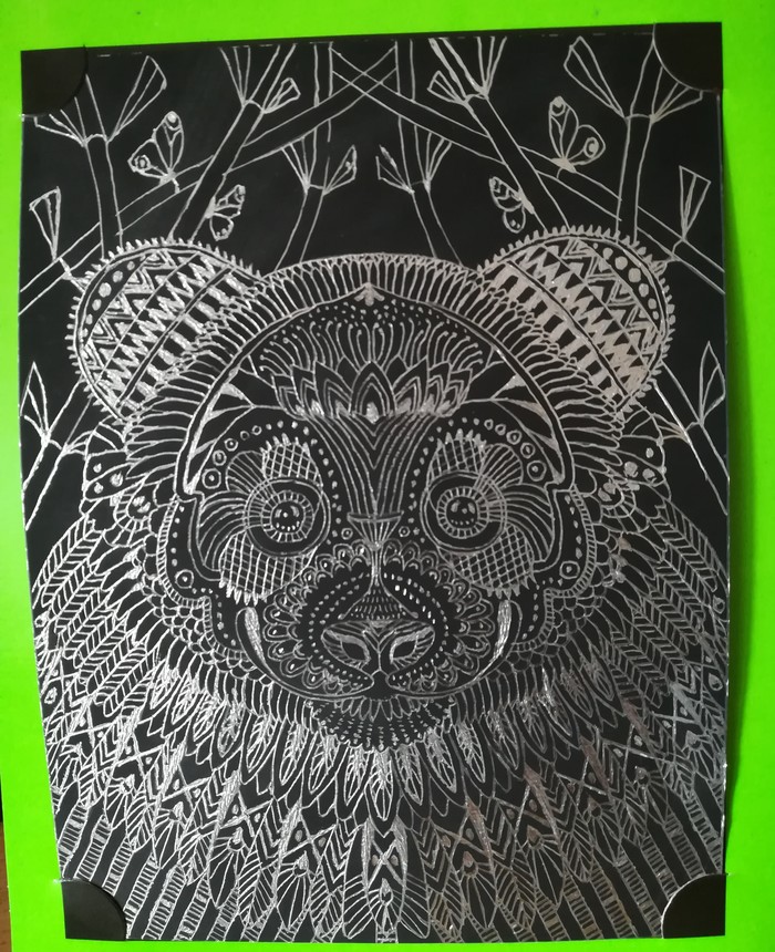 Engraving Good panda with a metallic effect (silver). - My, Panda, Engraving, Silver, Creation, Hobby, Antistress, Enthusiasm