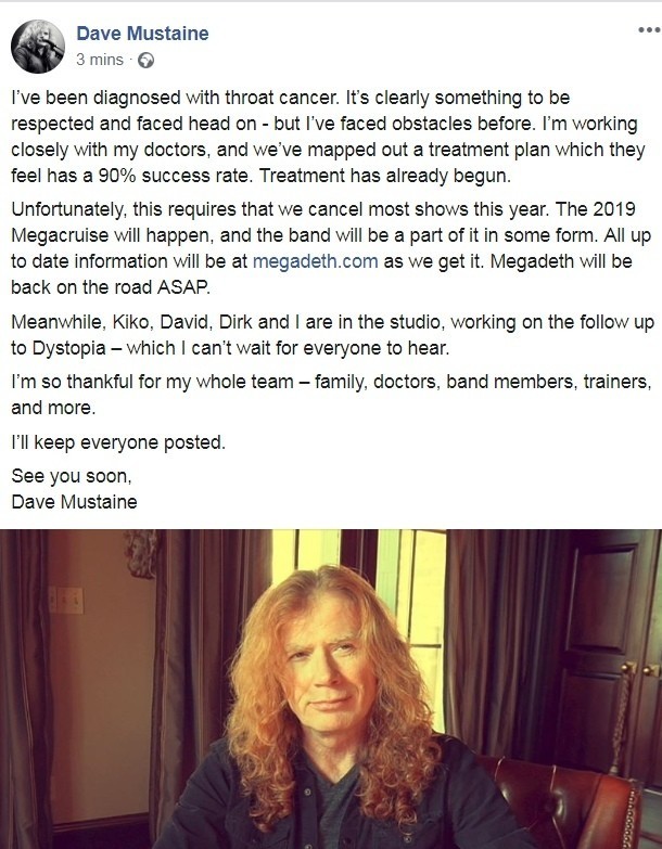 Вокалист Megadeth заявил о раке горла и отмене большинства концертов - Megadeth, Дэйв Мастейн, Рак, Знаменитости