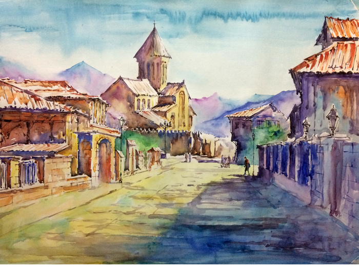 Temple view - My, Georgia, Mtskheta, Watercolor, The cathedral, Temple, Landscape