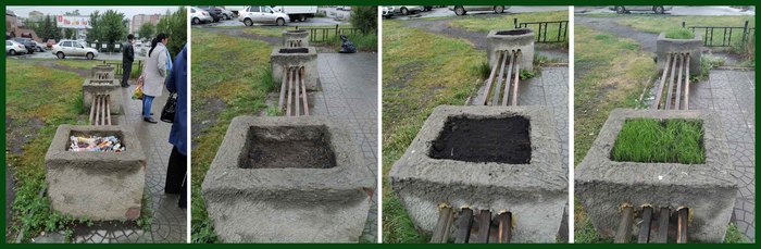 Garbage can be defeated by landscaping. - My, Chistoman, Urbanism, Beautification, Kopeysk, Benches, Flower bed, Grass, Longpost