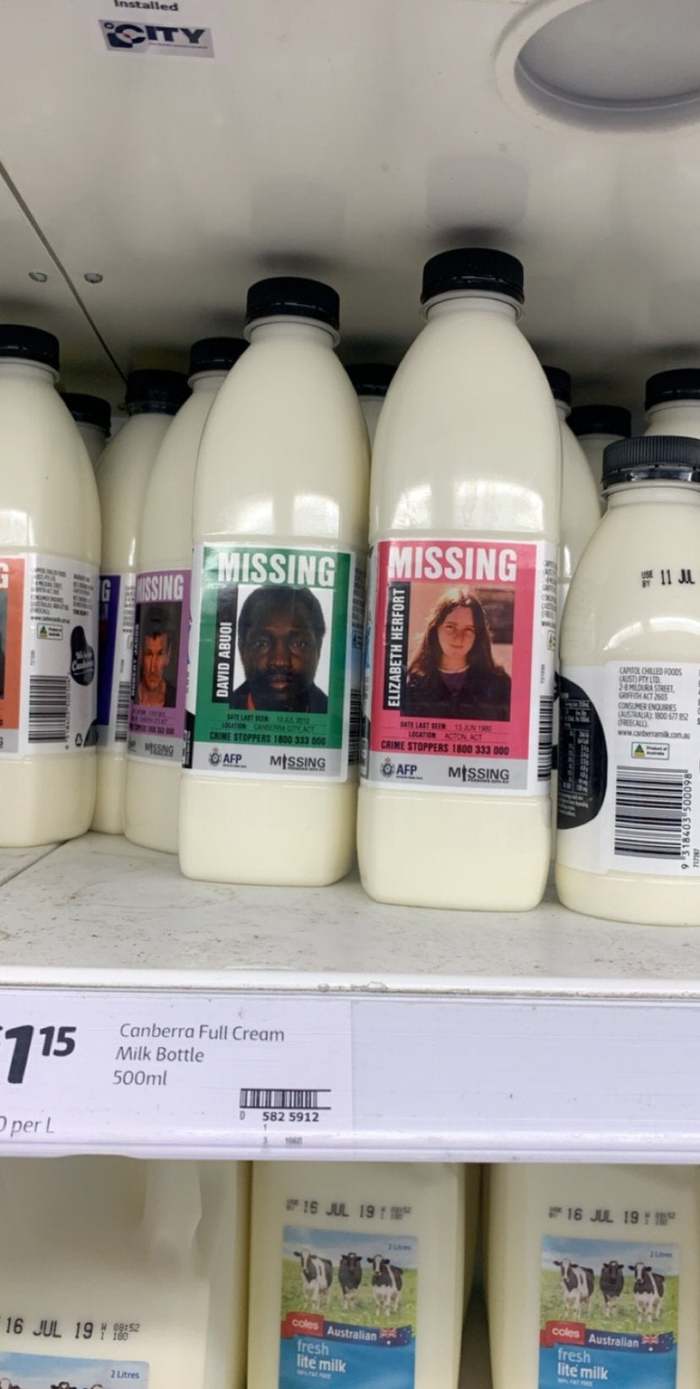 Australia puts missing persons notices on milk bottles - Australia, Missing, Milk, Announcement