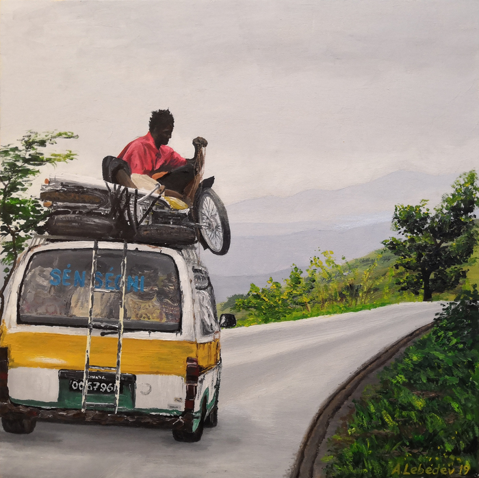 Drive. Canvas on cardboard, oil. 40x40 cm. 2019 - My, Oil painting, Bus, Пассажиры, Baggage, Landscape, Africa, Auto, Road