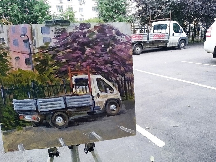 Study without a title - My, Painting, Drawing, Creation, Car, Town, Auto, Acrylic, Plein air