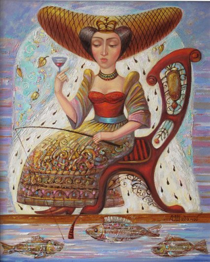 Fisherwoman. Catch. Fishing. Lucky catch. - My, Fishing, A fish, Shabanov, Canvas, Butter, Painting, Postmodernism, Longpost