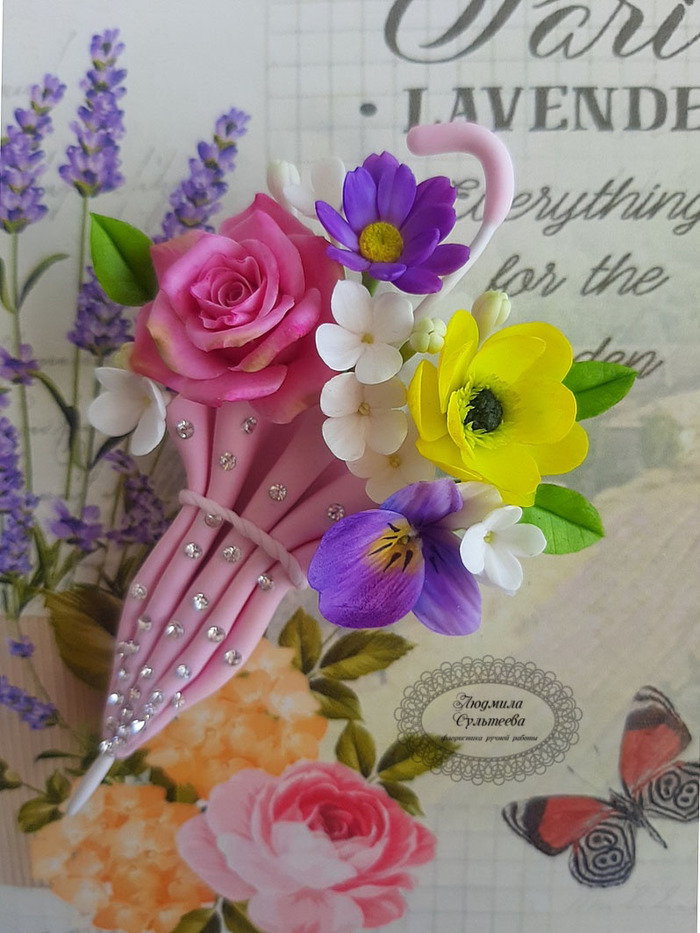 Umbrella in the studio! - Brooch, Polymer clay, Umbrella, Needlework without process, Rain, Art, Flowers, Longpost