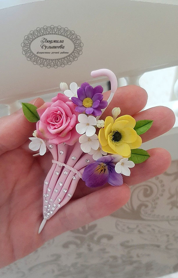 Umbrella in the studio! - Brooch, Polymer clay, Needlework without process, Umbrella, Rain, Flowers, Art, Longpost