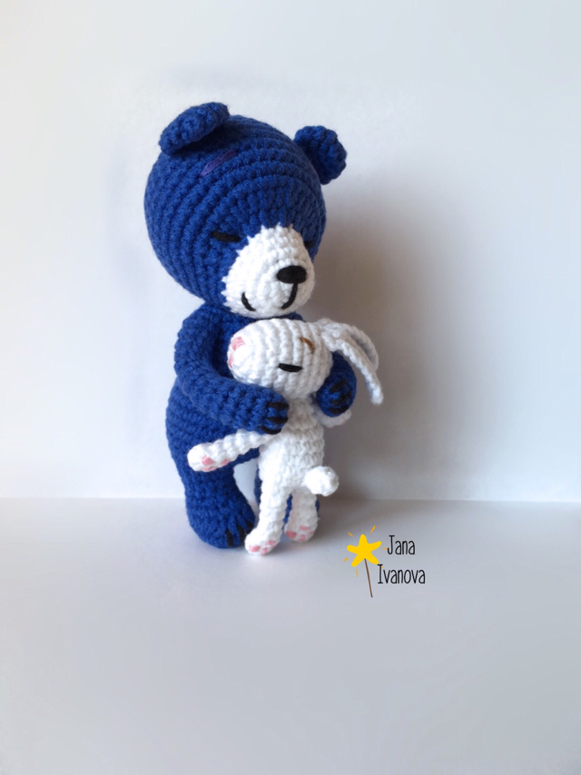 Teddy bear with a bunny) - My, The Bears, Hare, Knitted toys, Handmade, Amigurumi