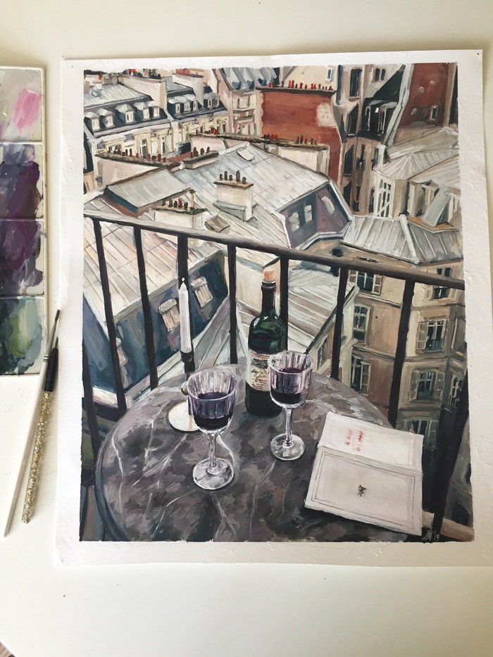 Date in Paris - My, Art, Longpost, Painting, Illustrations, Vacation, Drawing, Gouache, Wine, Paris