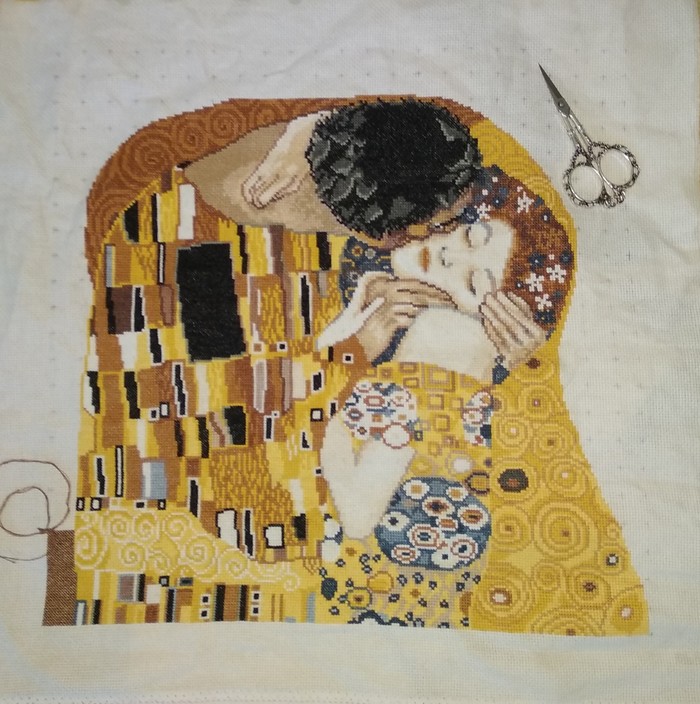 The Kiss Gustav Klimt - My, Embroidery, Gustav Klimt, Kiss, Hobby, Painting, Longpost, Needlework with process