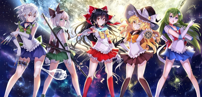 Touhou Project x Sailor Moon - Crossover, Touhou, Sailor Moon, Hakurei Reimu, Kirisame marisa, Izayoi Sakuya, Anime art