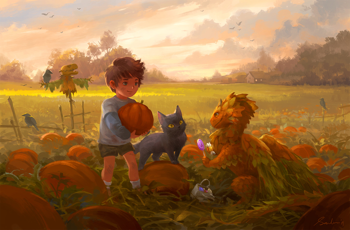 Pumpkin - Art, Drawing, Boy, cat, The Dragon, Pumpkin, Sandara