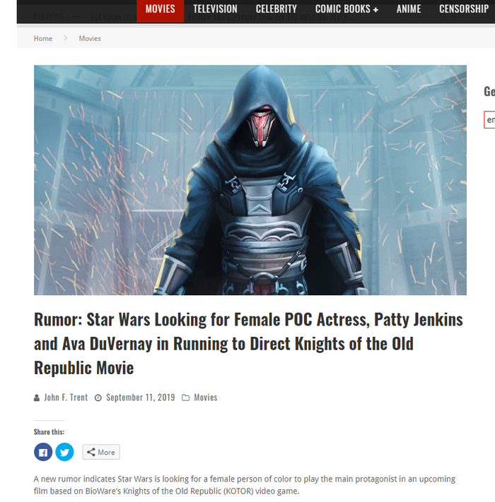 В новом фильме про Рыцарей Старой Республики главным героем будет Woman of color