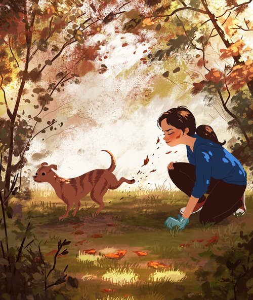 Autumn.. - Art, Yaoyaomva, Girls, Dog, Autumn, Drawing, Nature, Longpost