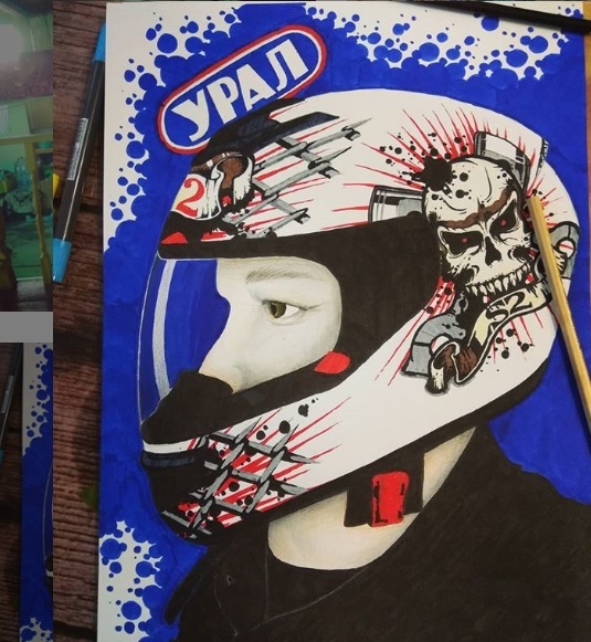 Motorcycle helmet with watercolor markers - My, Motorcycle helmet, Drawing, Watercolor markers, Creation, Marker, Longpost, Academy of Arts, Beginner artist