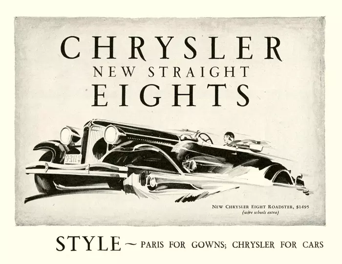 Paris for dresses, Chrysler for cars; 1930s - Retro, Auto, Roadster, 30th, Chrysler, Magazine, Illustrations, Advertising