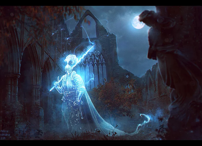 Ghost Guardian. - My, Art, Fantasy, Ghost, Knight, Night, Ruin, moon, The statue, Sculpture