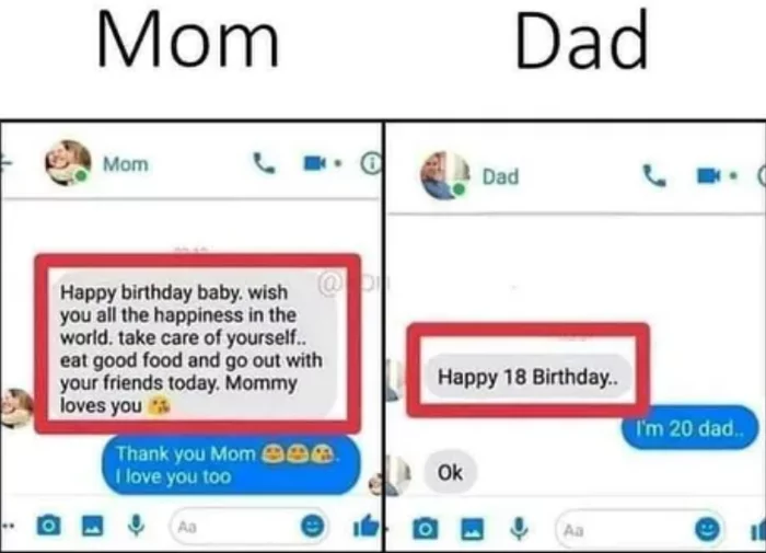 How parents congratulate - Mum, Father, Parents, Congratulation, Birthday, Difference, Screenshot, Picture with text