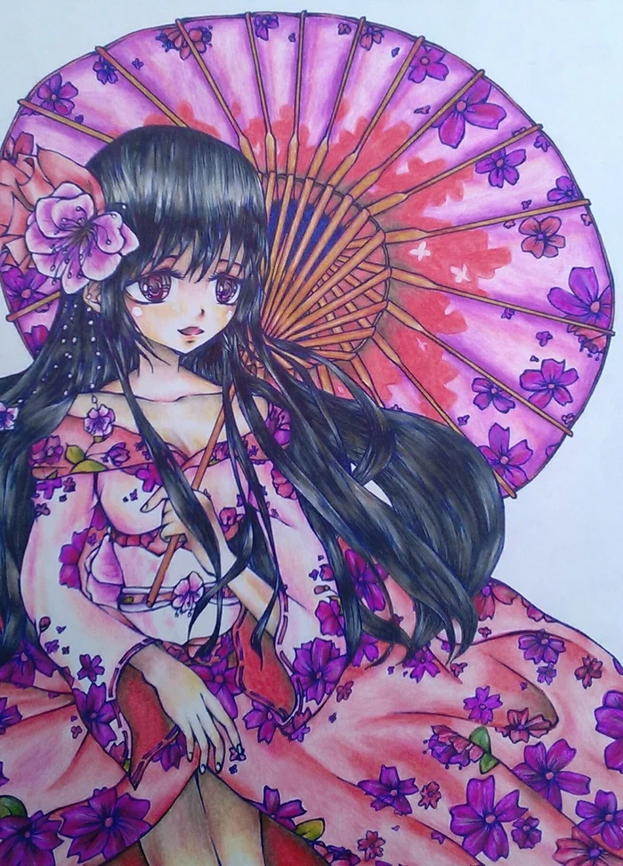 Girl in kimono - My, Anime, Drawing, Creation, Art, Anime art, Sakura, Kimono