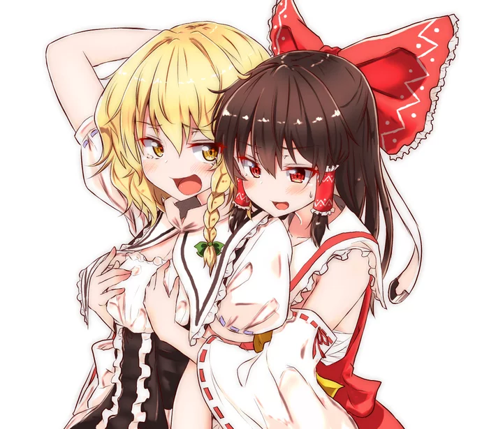 Marisa & Reimu - Touhou, Kirisame marisa, Hakurei Reimu, Anime art, Anime, Not anime, Mukkushi