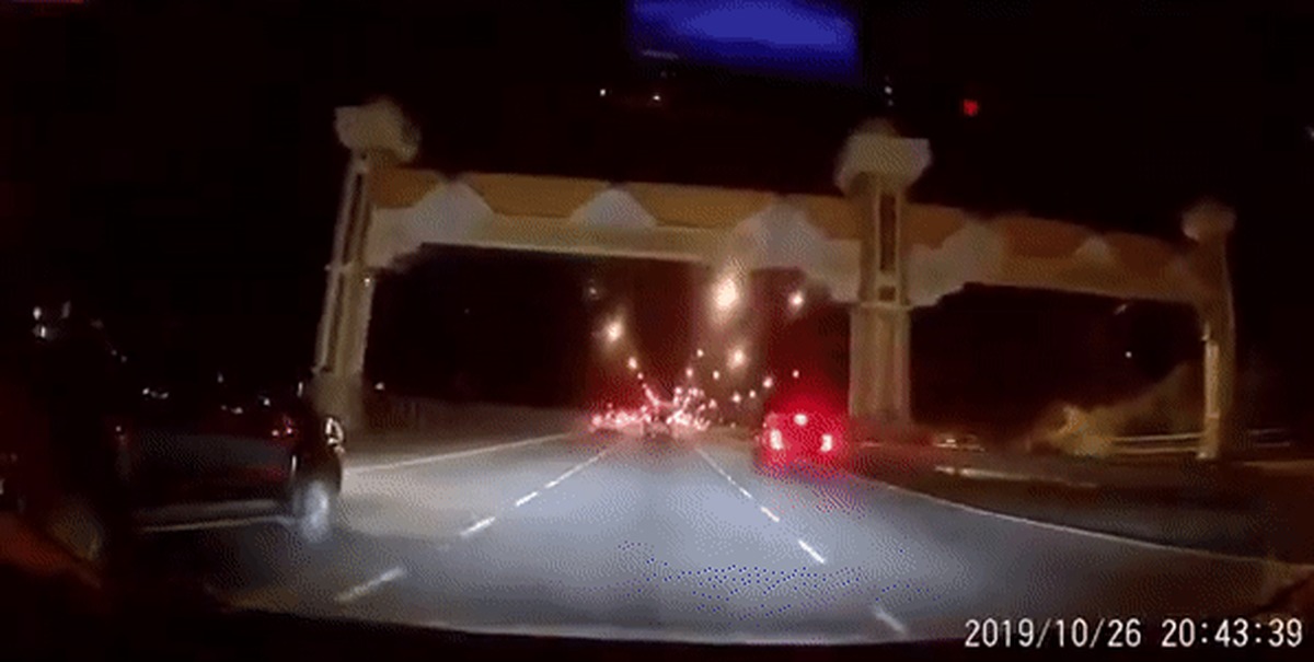 Strong motorcyclist - Motorcyclists, Road accident, The car hit, Happy End, GIF