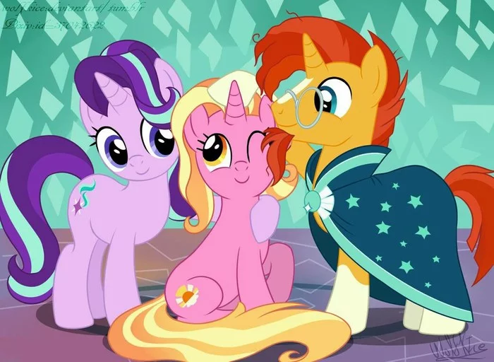 With the intended parents. - My little pony, Luster Dawn, Sunburst, Starlight Glimmer