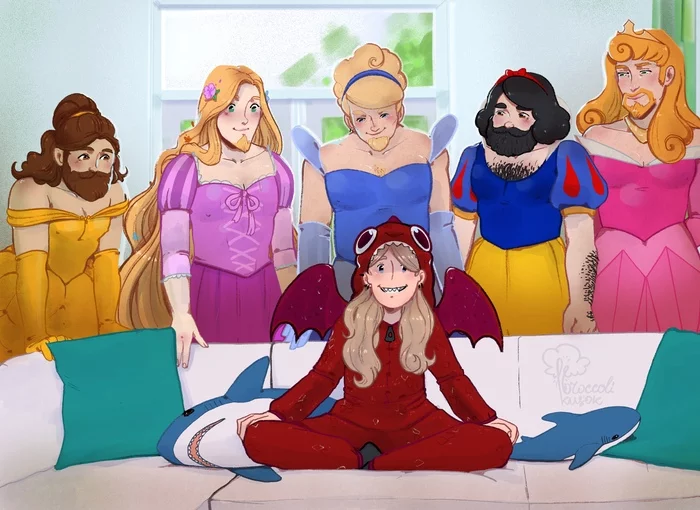 Five princesses and one dragon - My, Drawing, Illustrations, Disney princesses, The Dragon, Girl and five blacks, Digital drawing