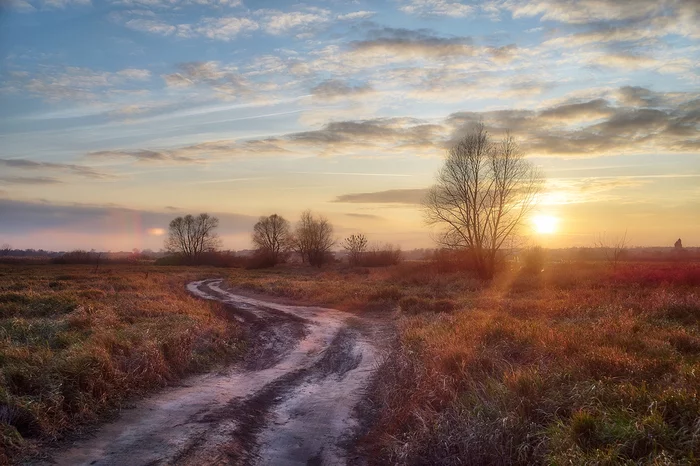 Start of a new day - My, dawn, Sunset, Clouds, River, Road, Meadow