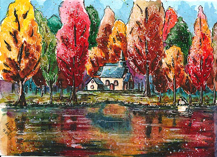 Autumn landscape - My, Watercolor, Sketch, Illustrations, Autumn, Beginner artist