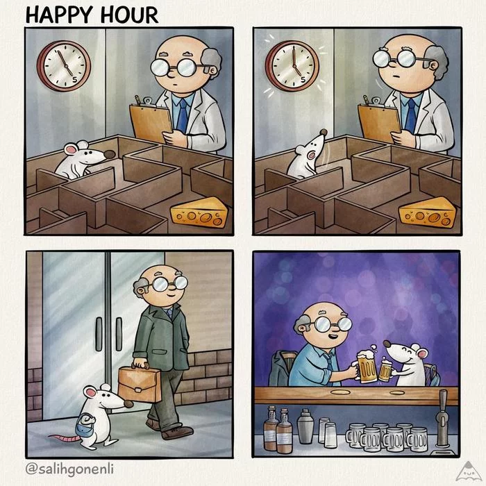 Happy Hour - Comics, Salihgonenli, Scientists, Maze, Mouse, Rat, Work, Relaxation