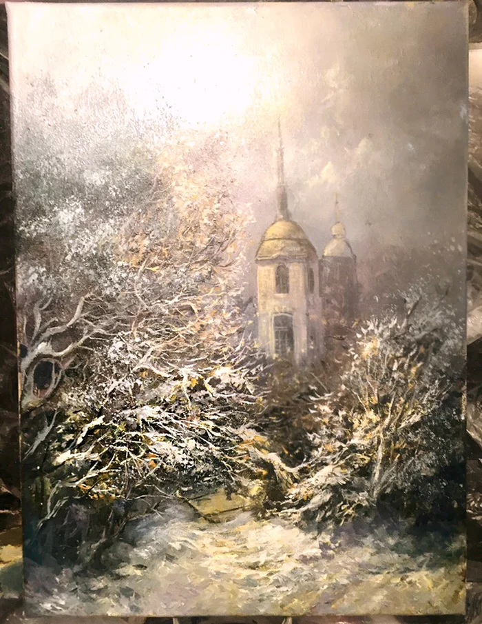 View from the window - My, Oil painting, Painting, Art, Landscape, Temple, Winter, Drawing