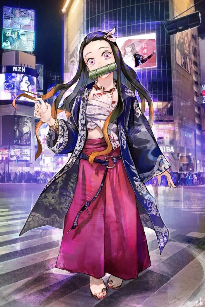 Demon hunters in the big city - Anime, Anime art, Kimetsu no yaiba, Tanjirou Kamado, Nezuko Kamado, Inosuke Hashibira, Agatsuma Zenitsu, Longpost