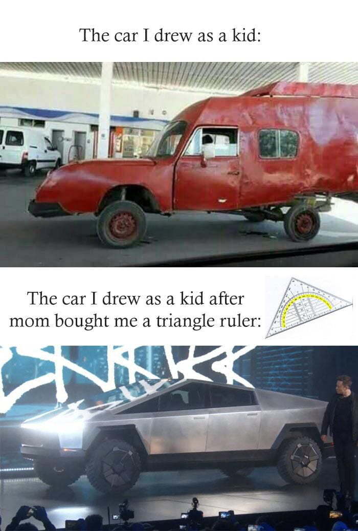 Triangle - Pickup, Triangle, Picture with text, Childhood, Drawing, Car, Tesla cybertruck