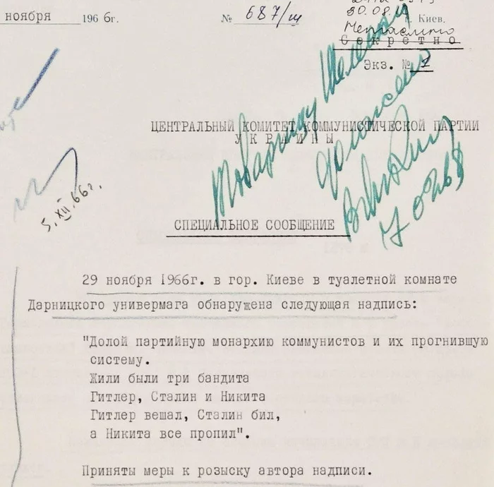 Comrade Shelest was informed about the inscription in the toilet of the Darnitsa department store, 1966. - From the network, Report, the USSR