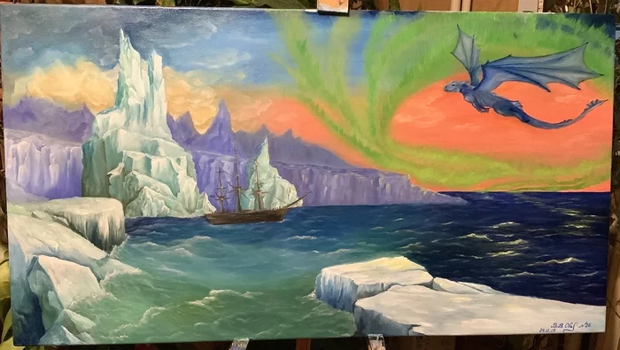 Northern lights - My, Oil painting, Sea, Self-taught artist