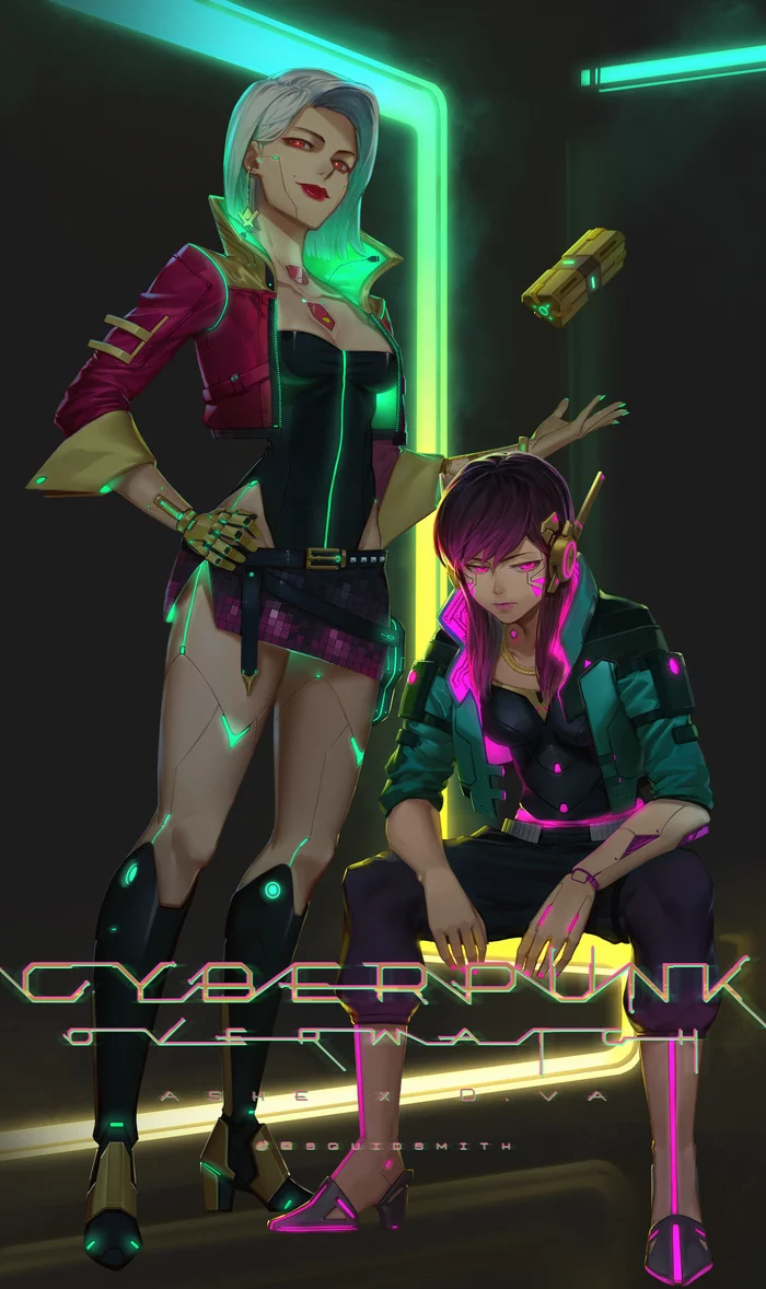 Cyberwatch - Overwatch, Cyberpunk 2077, Кроссовер, Ashe, Dva, Squidsmith