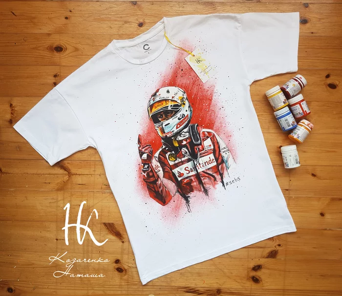 Hand painting. Sebastian Vettel / FORMULA_1 - My, Art, Painting on fabric, Acrylic, Formula 1, , T-shirt, Handmade, Drawing