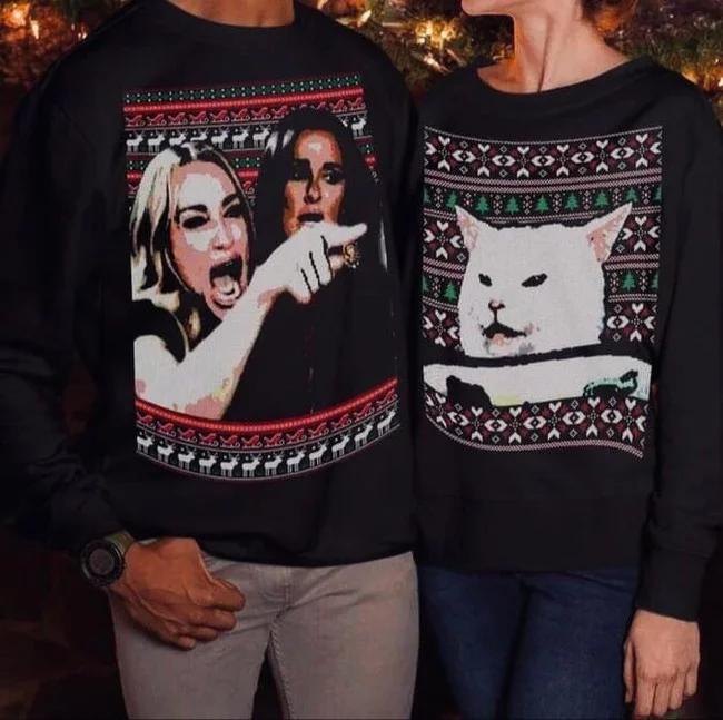 The prize for the best paired sweaters goes to... - Memes, Pullover, Two women yell at the cat